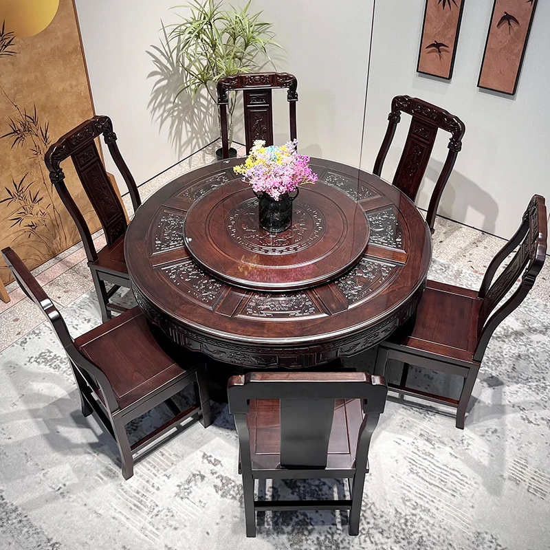 中式圆桌自建房别墅家用大圆桌仿古餐桌椅组合全实木圆桌带转盘