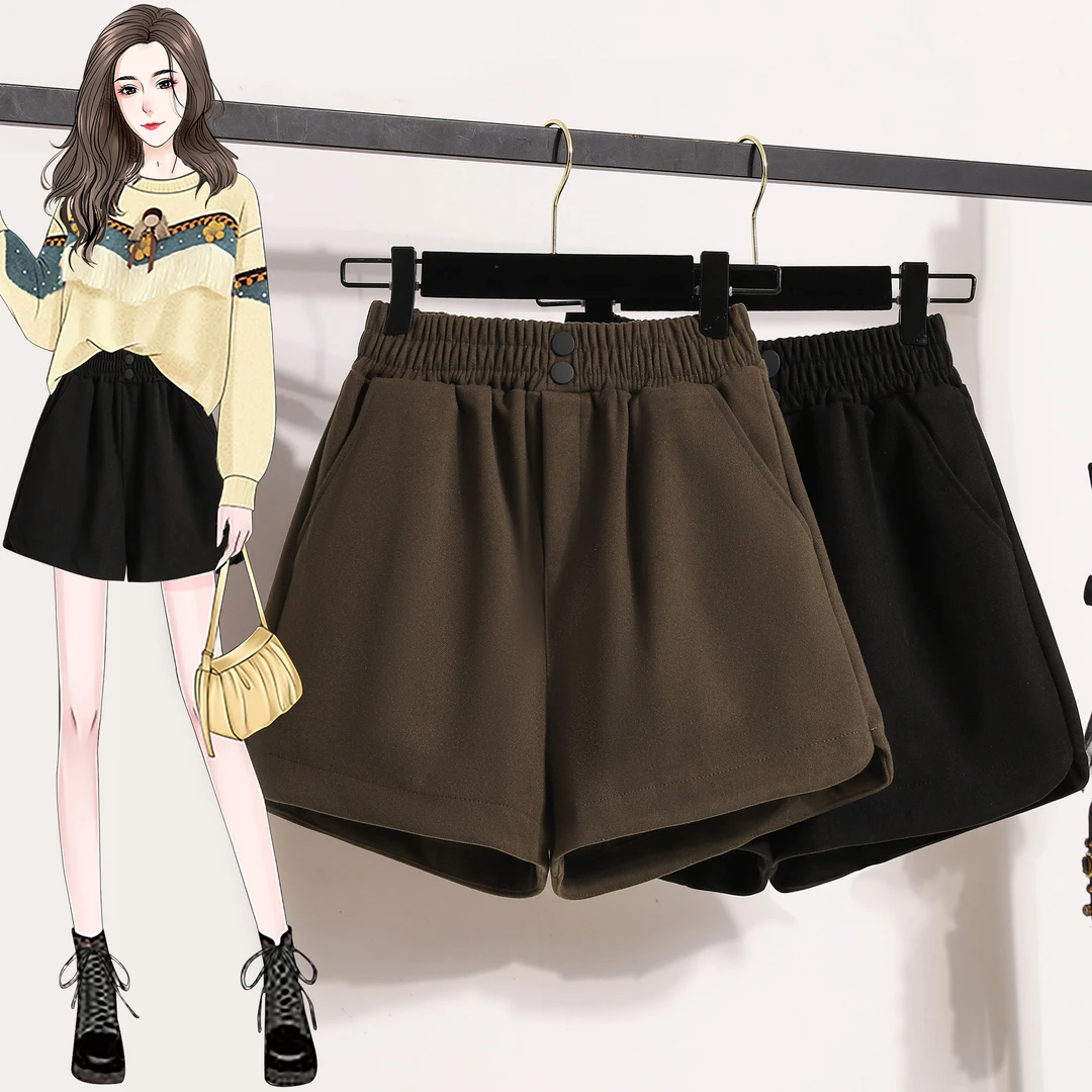 毛呢短裤女外穿秋冬松紧腰大码a字短裤显瘦百搭时尚洋气靴裤阔腿