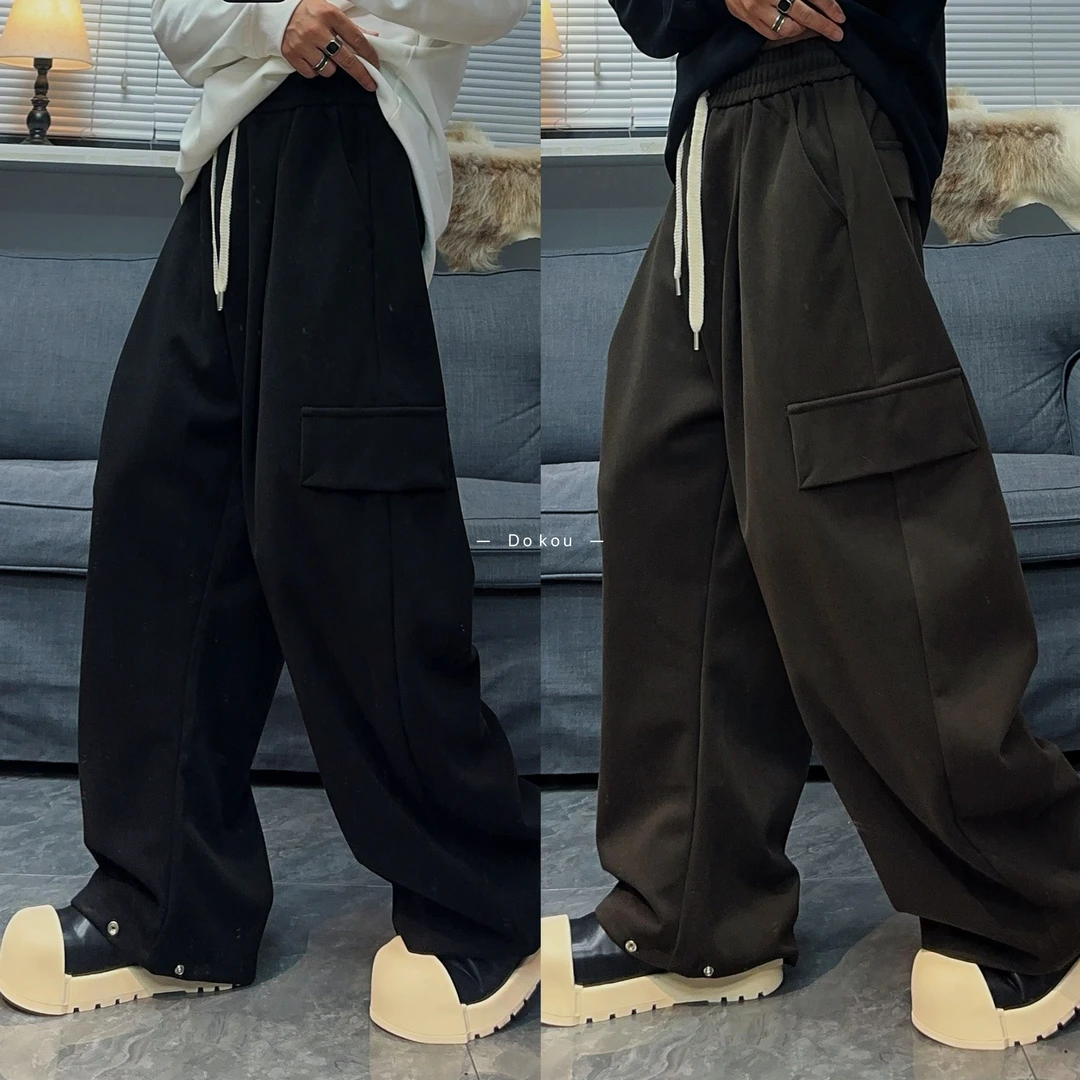 梁叔-冬季加厚抓绒韩版时尚小众呢料贴袋宽松潮流休闲裤男裤33042