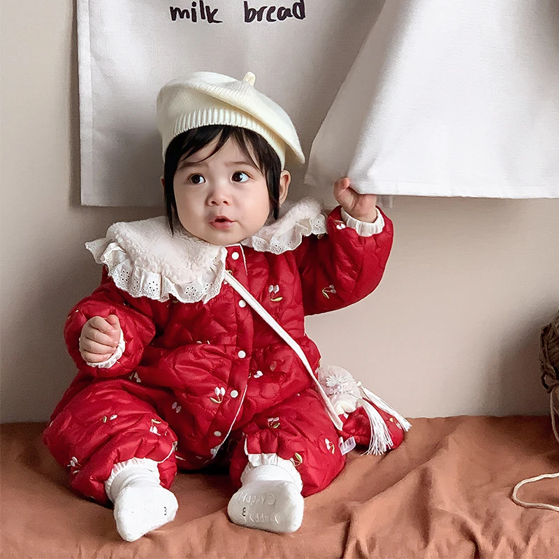 H1398婴儿衣服新生女宝宝连体衣加绒夹棉哈衣外出抱衣冬季棉服