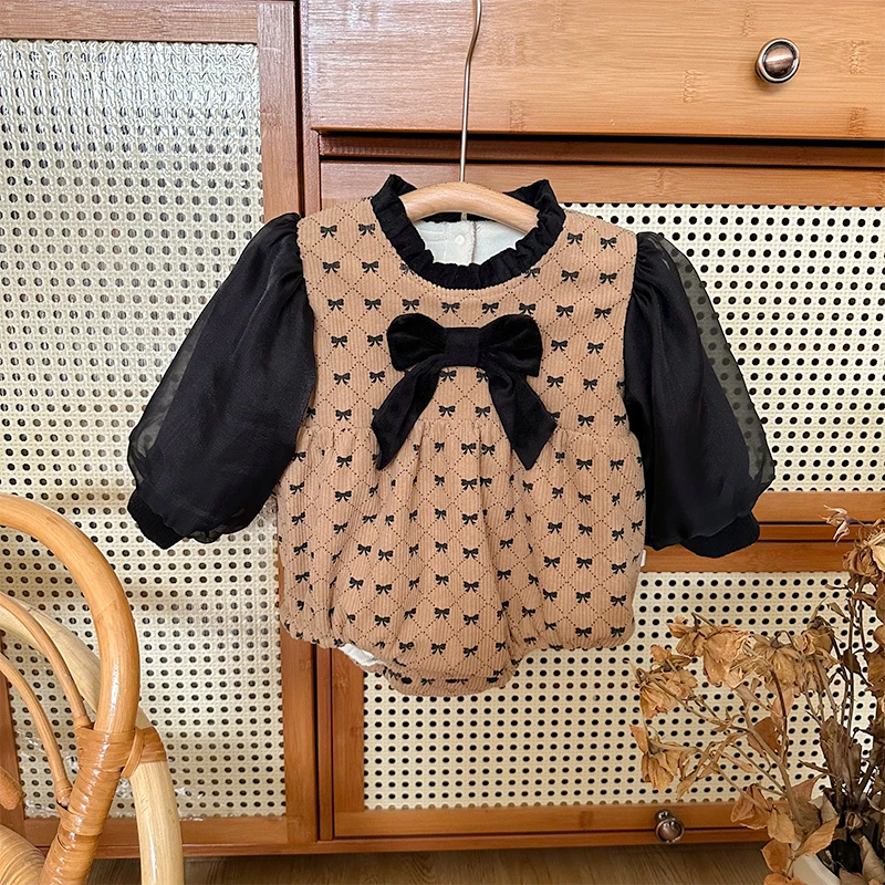 h1569婴儿衣服秋冬宝宝蝴蝶结哈衣洋气拼接假两件长袖包屁衣