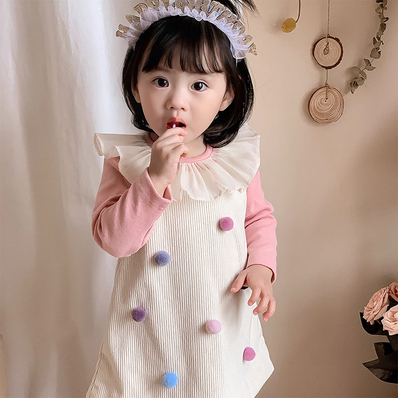 H1300女宝套装婴幼儿甜美洋气娃娃领上衣彩球条绒背心裙两件套
