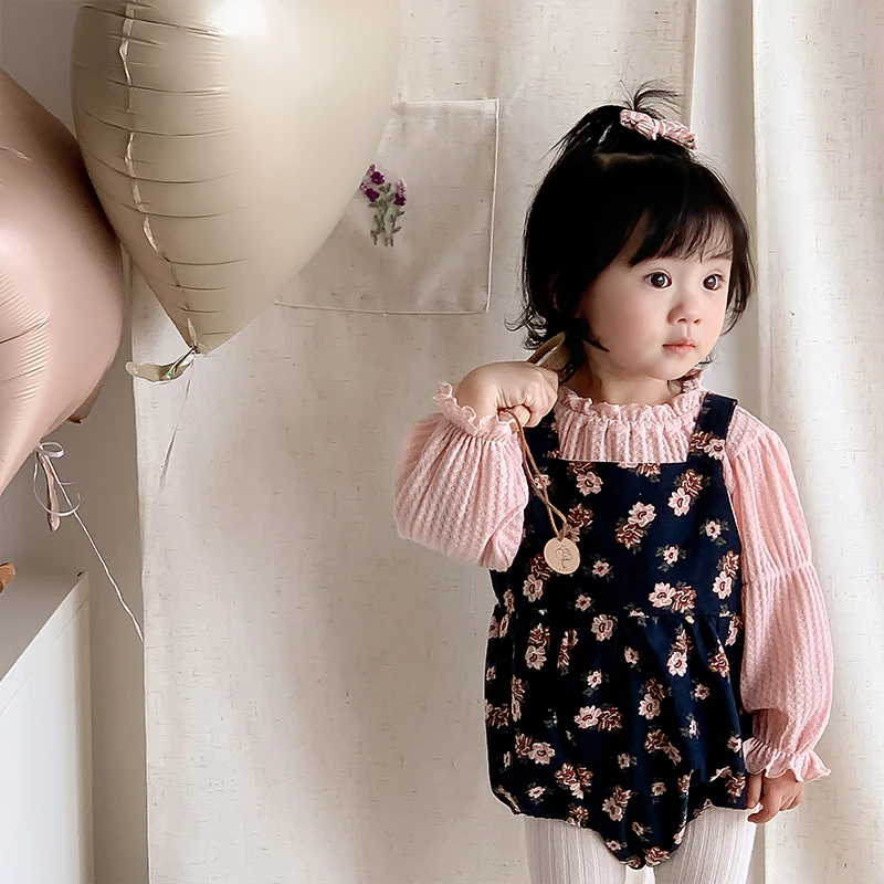 H1122新生儿衣服秋季新款女宝宝衣服碎花棉布背带哈衣长袖两件套