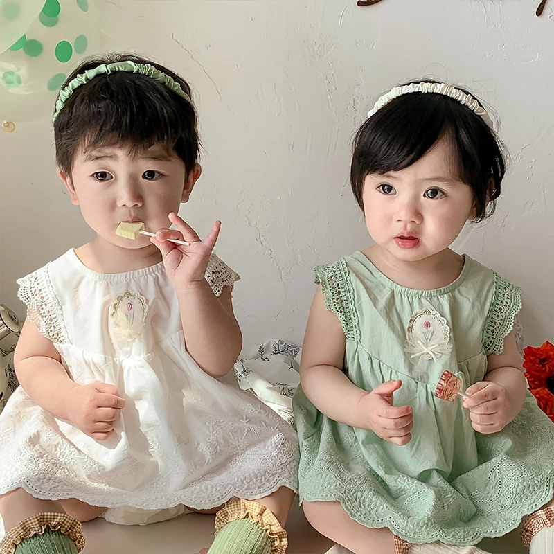 H888夏季女宝宝包屁裙 洋气重工新生婴儿刺绣宝宝衣服无袖爬爬服