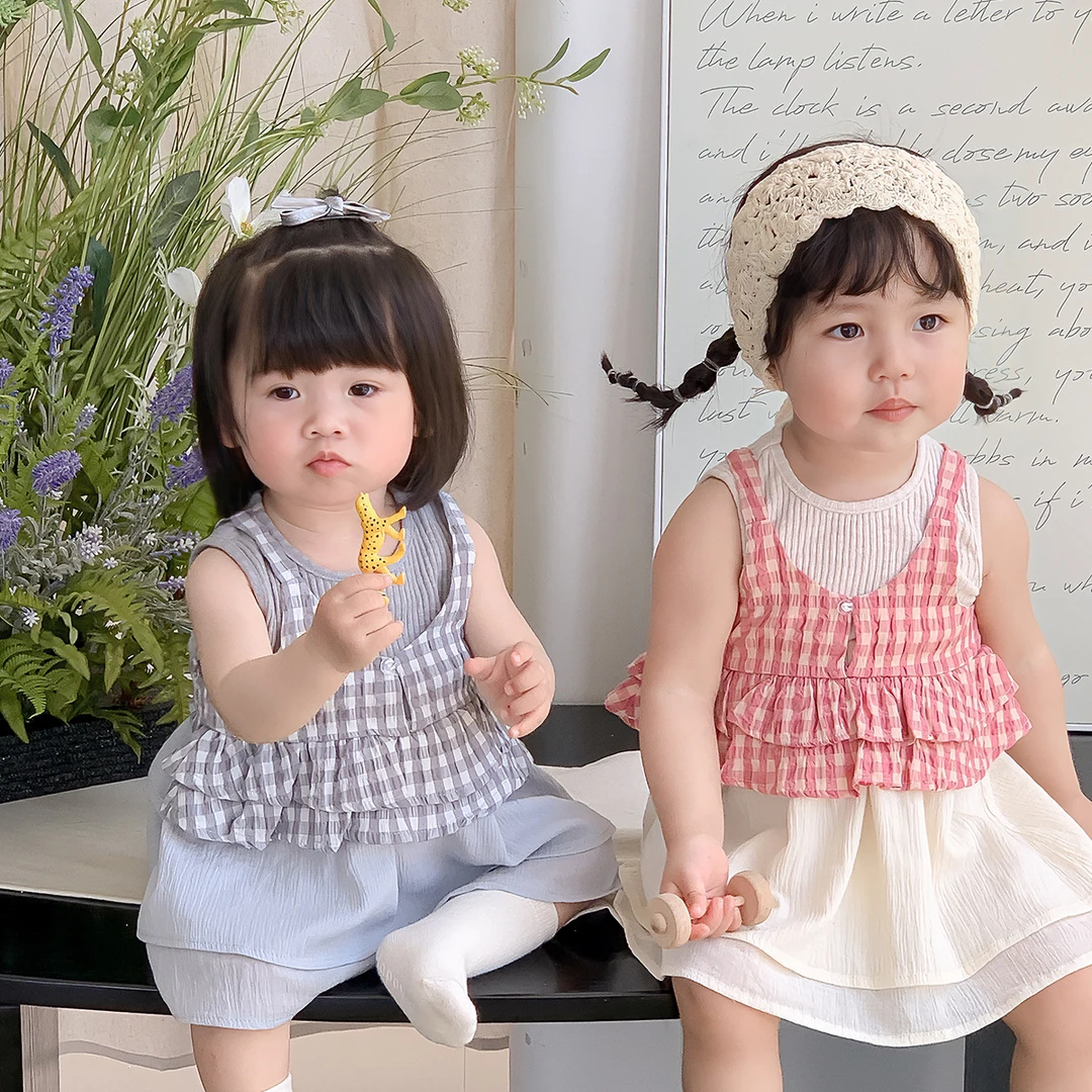 H2006女宝夏装衣服韩系洋气格子吊带连衣裙婴幼儿甜美两件套夏季