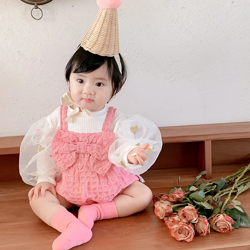 H816新生儿爬爬服 洋气女宝宝网纱袖上衣女童背带三角哈衣包屁衣