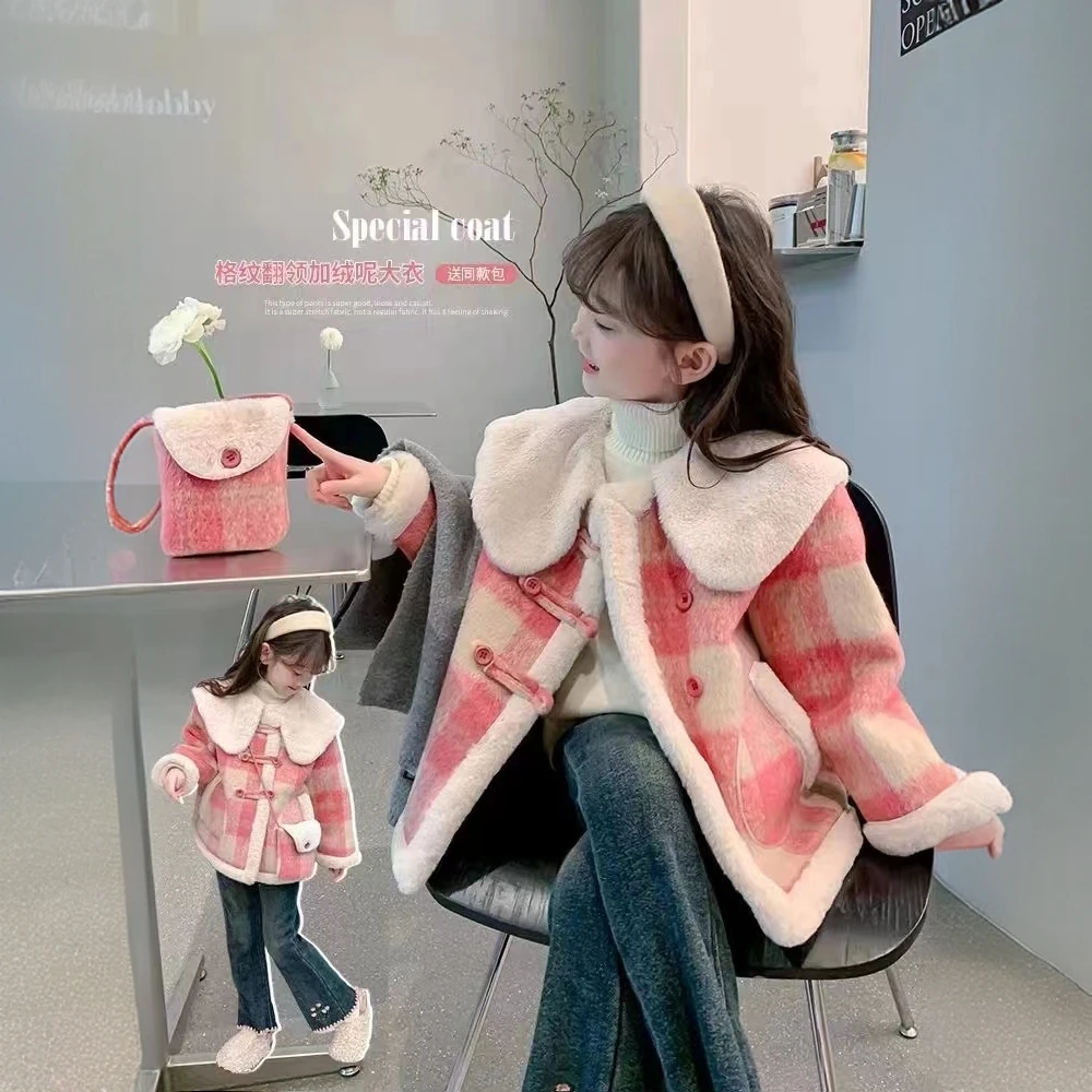 2025儿童一体绒外套女童短款呢子大衣洋气宝加绒加厚上衣冬装潮