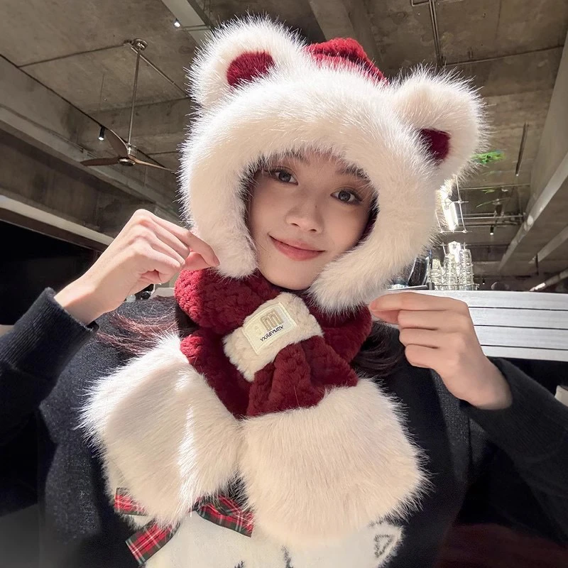 可爱毛茸茸狐狸耳朵帽子围巾一体女冬防寒围脖连帽学生骑车护耳帽