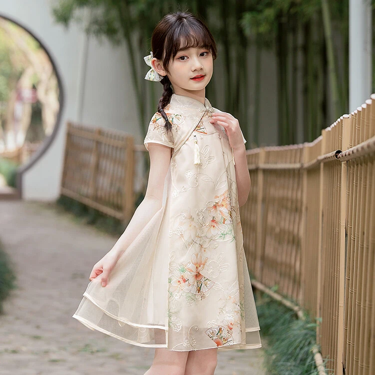 QIAERDE/洽尔德女童2025夏装新款女宝气质洋气复古国风绣花旗袍裙