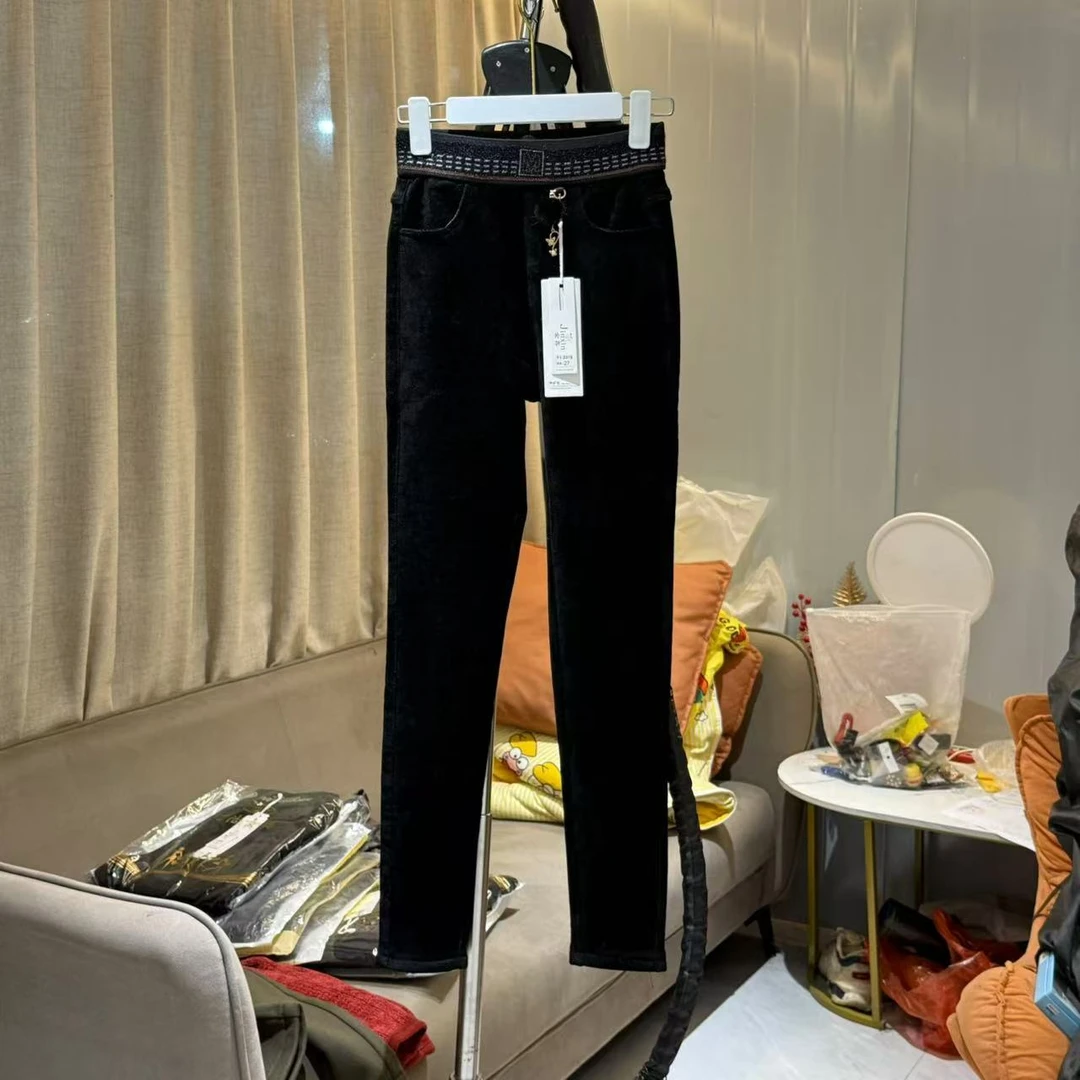 2319#M字母长裤小黑裤休闲裤小脚宽松高腰黑色女百搭弹力