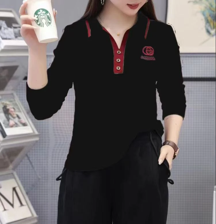 0409#翻领三扣拼色款长袖上衣女衬衫洋气百搭时尚显瘦秋冬新款