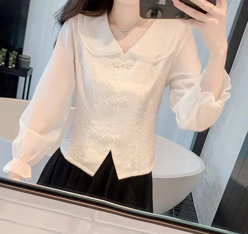 9805#双层荷叶领中式上衣女洋气百搭时尚气质潮流减龄夏季