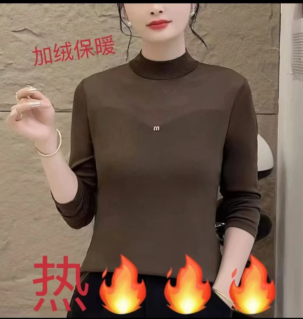 0419#M字母半高领加绒打底衫女士长袖时尚洋气百搭气质保暖秋冬