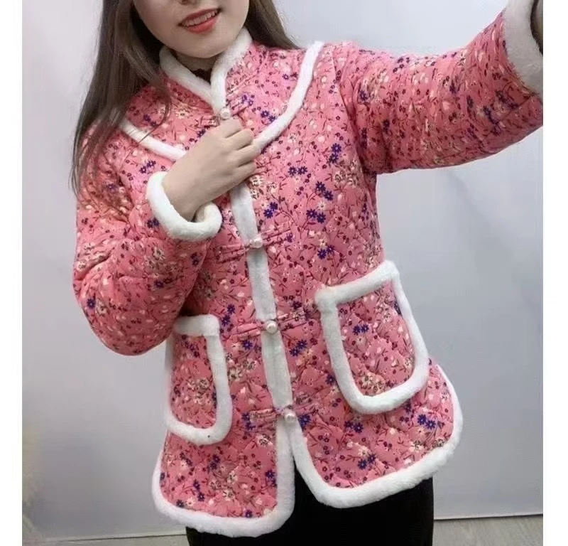 0434#新年战袍中国风碎花棉衣女时尚洋气简约百搭冬季花棉袄