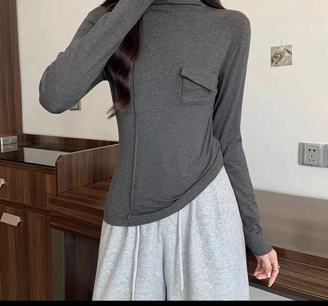 0164#侧口袋半高领长袖女设计感简约百搭