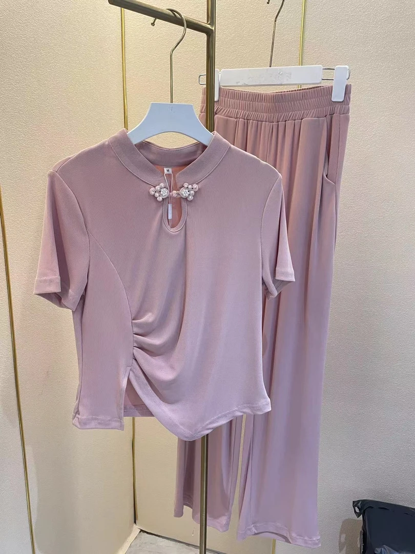 1013#新中式不规则下摆两件套套装短袖