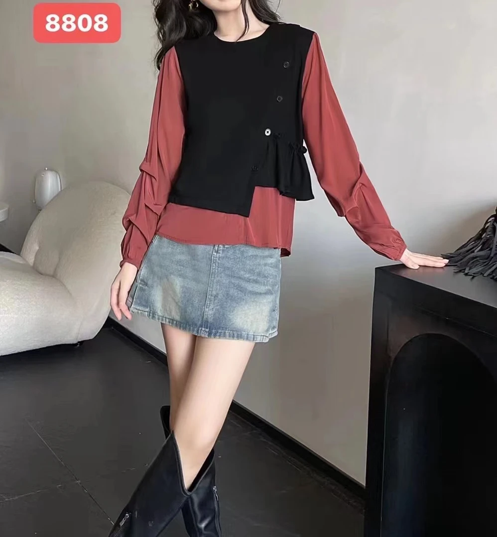 2412#拼色假两件衬衫上衣女时尚