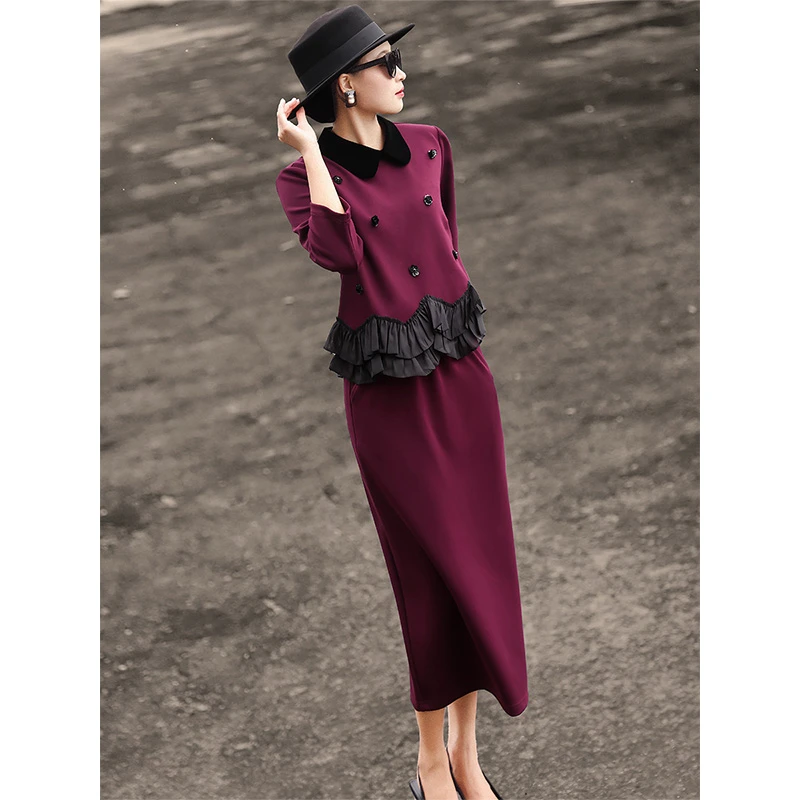 MEXCOCO/兰瑟儿秋季新款气质优雅通勤撞色设计感拼接套装M4WO0548