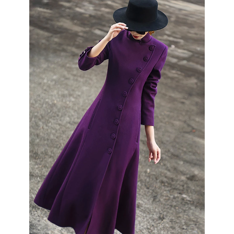 MEXCOCO/兰瑟儿秋冬新款立领羊毛混纺紫色毛呢连衣裙103DL9136