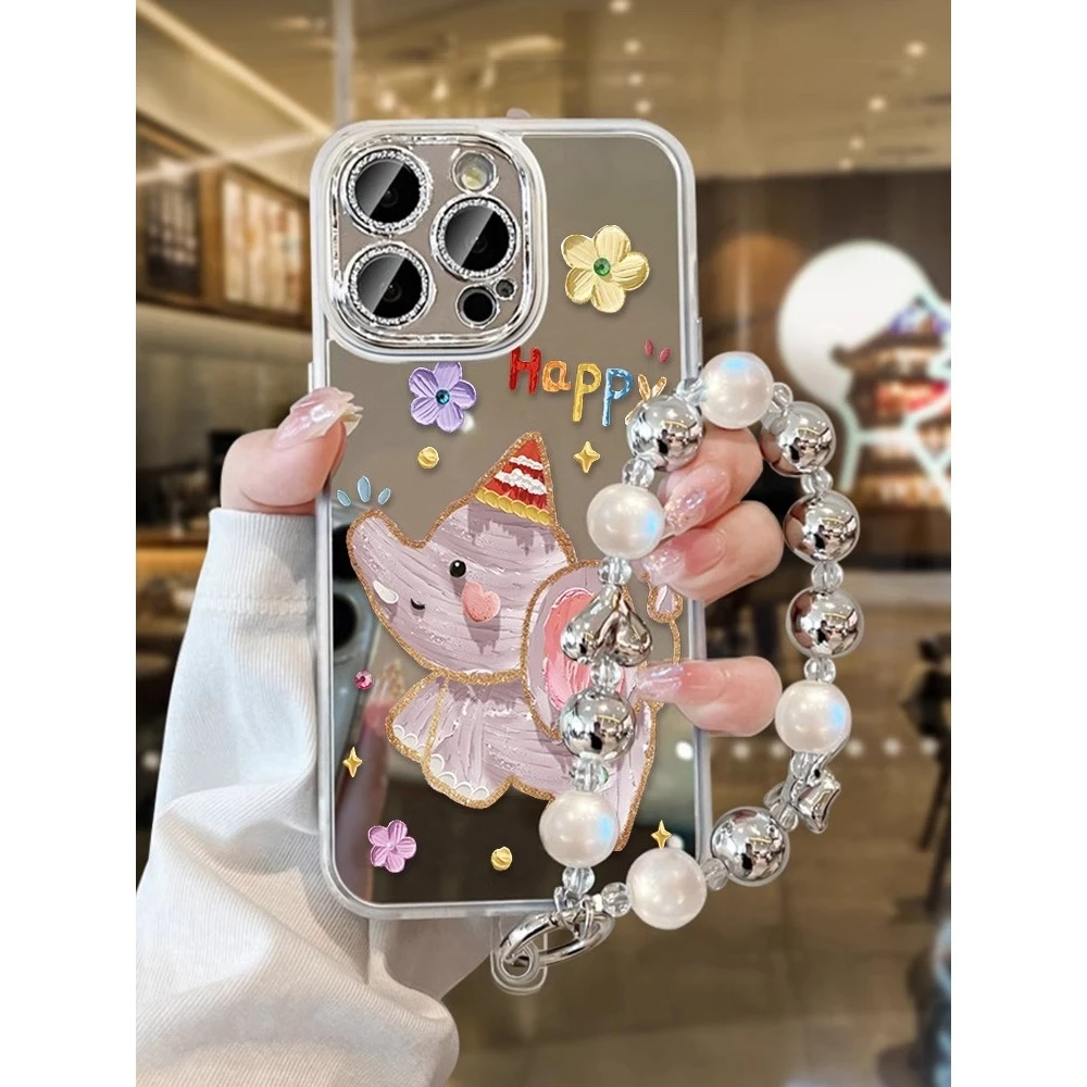 适用苹果15promax手机壳2024新款iPhone15镜面小象卡通挂绳14pro