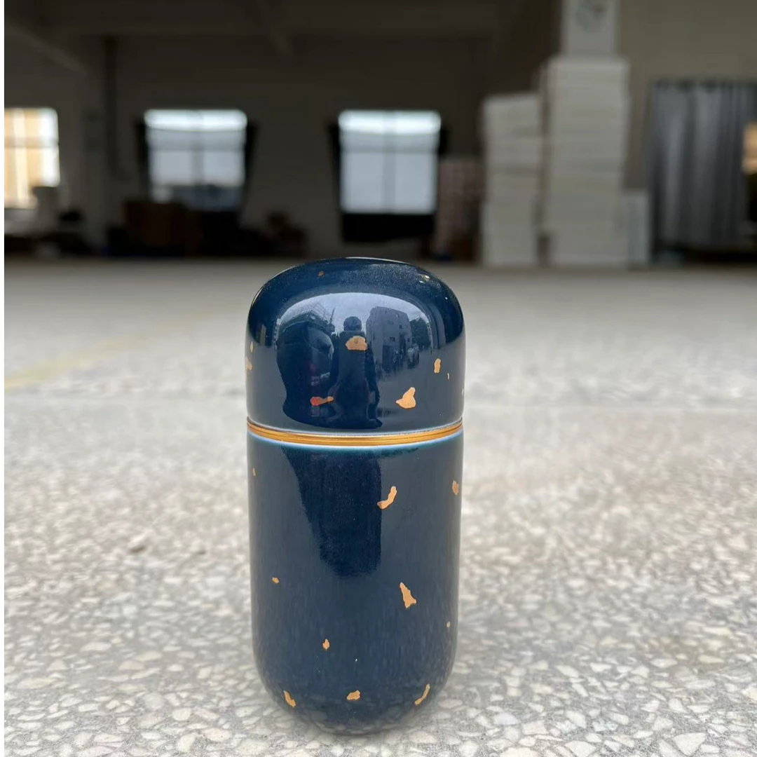 便携式茶叶罐茶仓陶瓷旅行随身小号手工中式密封茶叶罐洒金霁蓝
