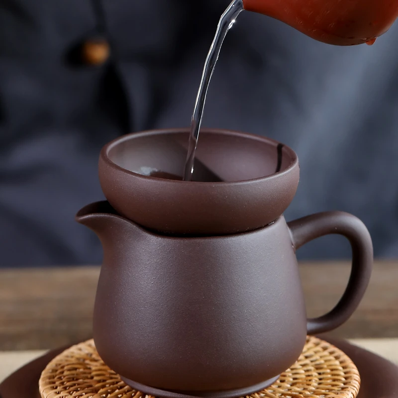 宜兴紫砂公道杯一体球孔过滤网纯手工家用茶水分离器原矿紫泥茶漏