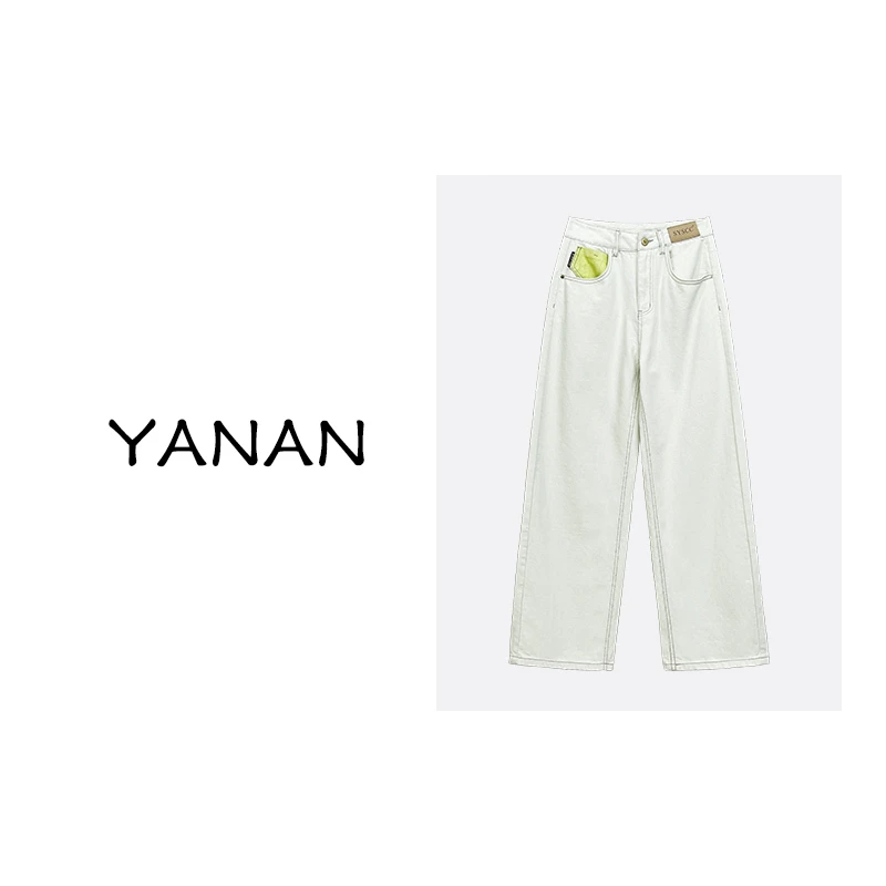 清【亚楠本楠】国风伴侣◆马卡龙撞色高腰时尚简约直筒牛仔裤4022