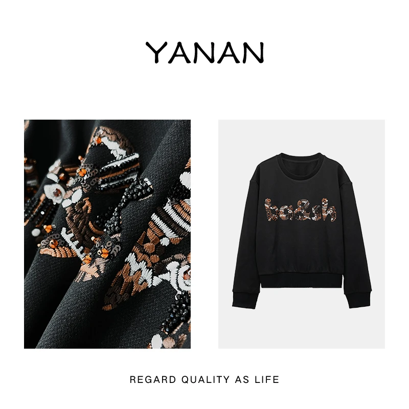 断码清仓【亚楠本楠】焦糖曲奇◆美式复古钉珠刺绣加厚卫衣3442/3763