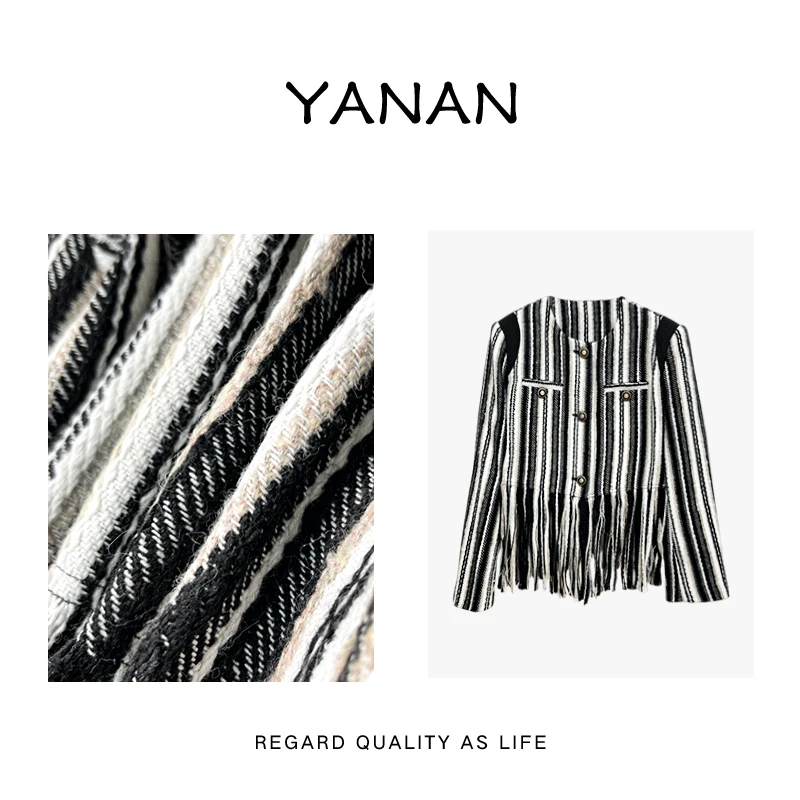 断码清仓【亚楠本楠】复古显瘦长袖条纹粗花呢对条编织流苏外套3574