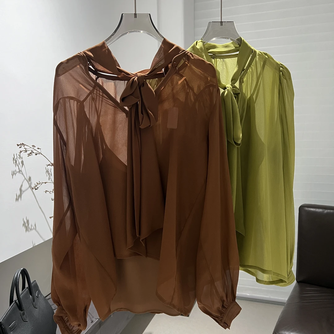 断码清仓【亚楠本楠】透视飘带系带撩人宽松长袖衬衫女4170