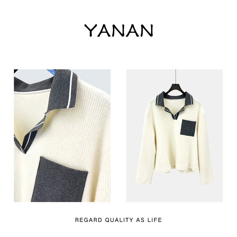 断码清仓【亚楠本楠】法式设计撞色秋冬打底衫翻领套头短款秋季1325
