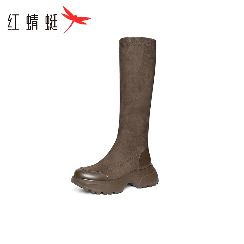 红蜻蜓长靴女弹力靴2024秋冬新款女靴子高筒瘦瘦靴棕色复古长筒靴