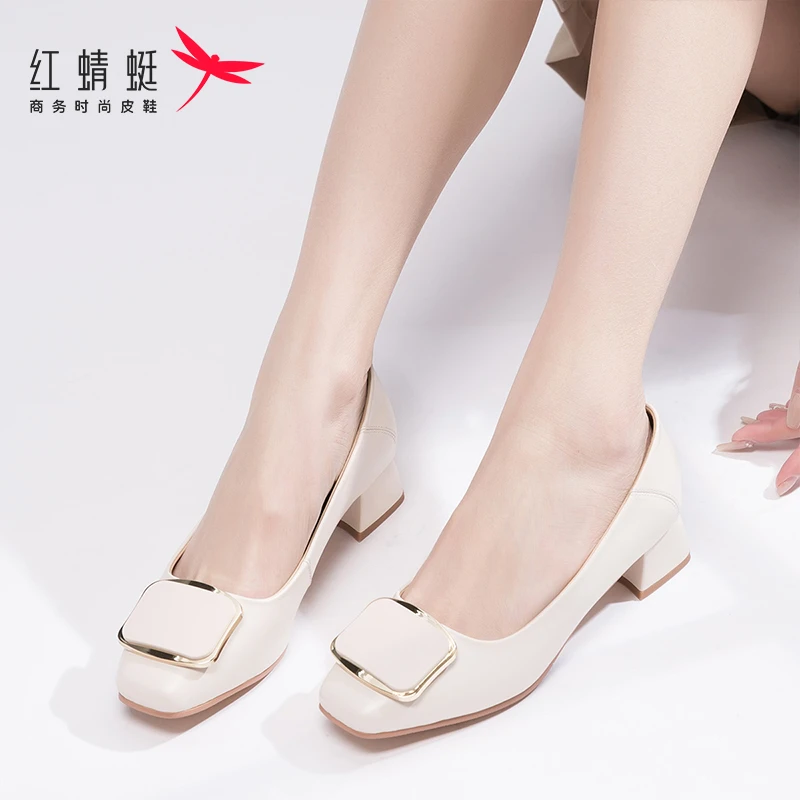 红蜻蜓浅口单鞋2023春季新款女鞋一脚蹬通勤皮鞋软皮软底妈妈鞋