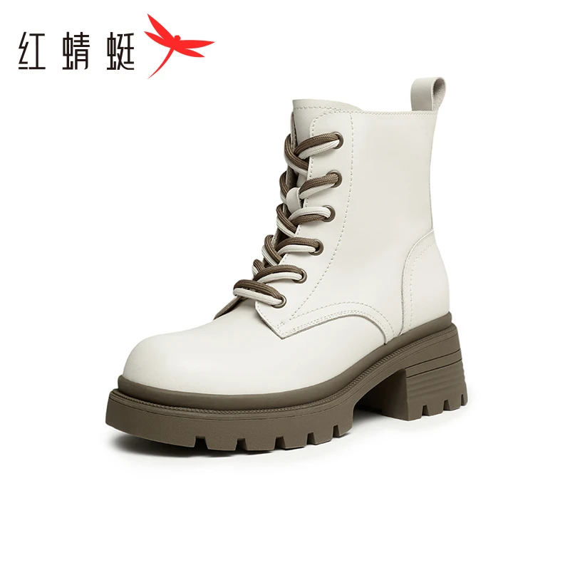红蜻蜓马丁靴2024冬季新款女鞋厚底增高短靴英伦风双系带机车靴女
