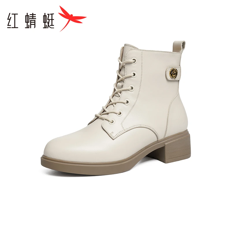 红蜻蜓粗跟马丁靴2023冬季新款女鞋加绒保暖机车靴系带百搭短靴子