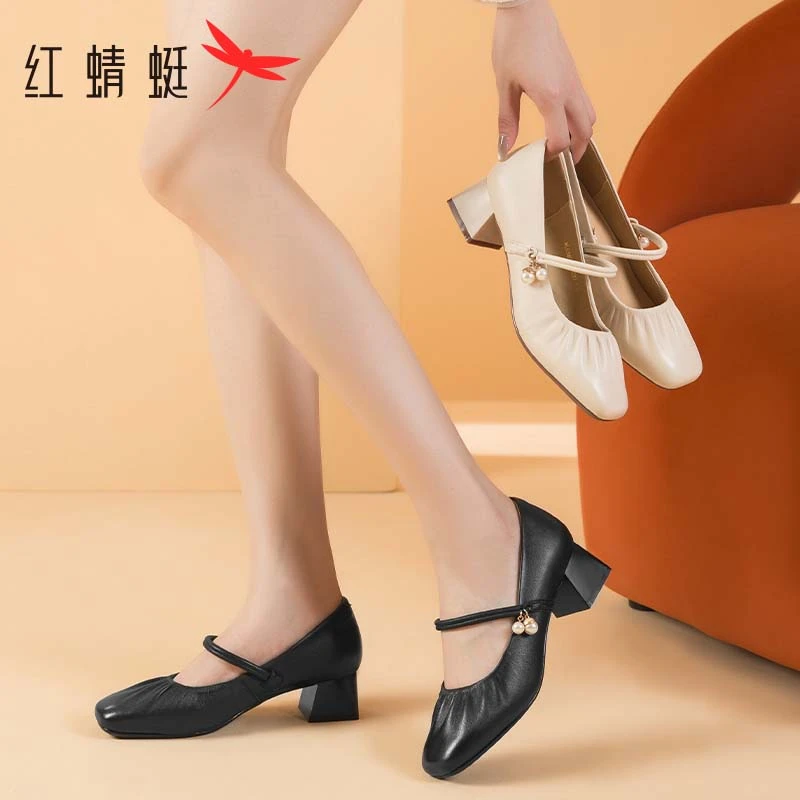 红蜻蜓玛丽珍鞋2024秋季新款女鞋粗跟羊皮单鞋法式气质中跟小皮鞋