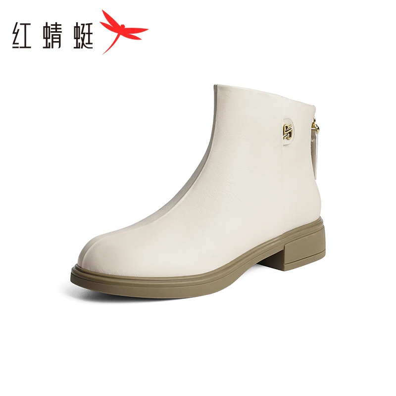 红蜻蜓真皮短靴女2024新款秋冬女靴单靴白色短筒靴子英伦风时装靴