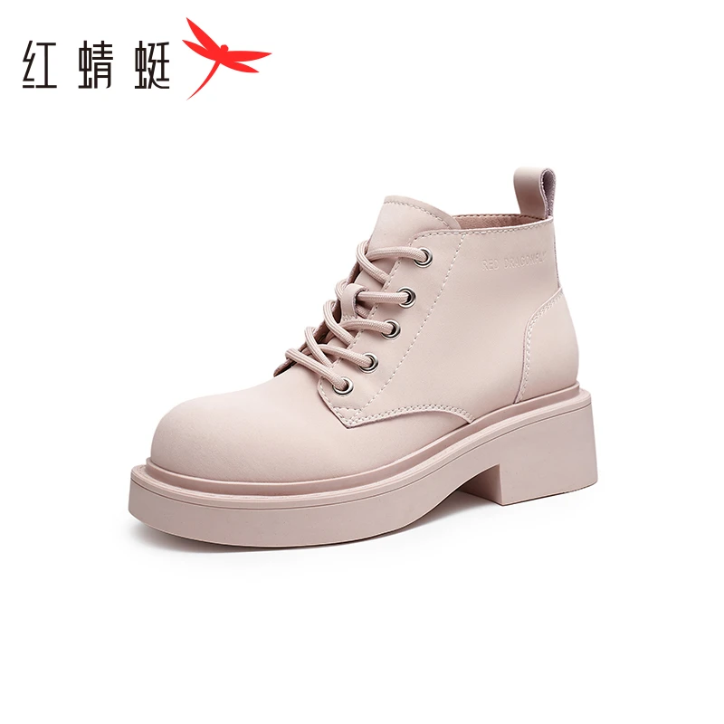 红蜻蜓厚底马丁靴2023秋季新款女鞋系带增高短靴子户外防滑工装靴