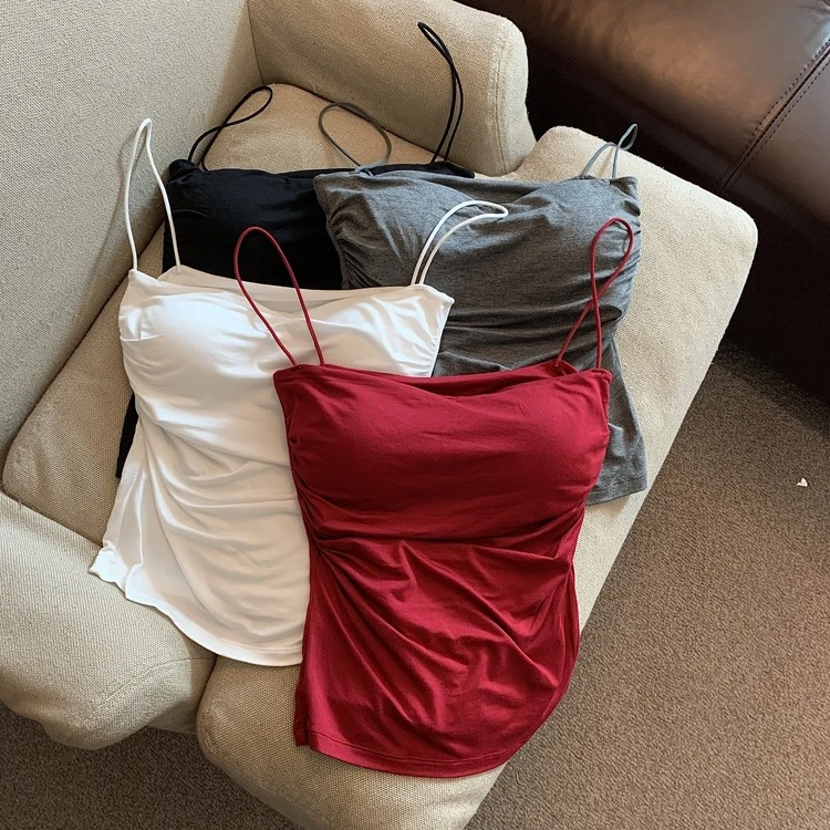 辣妹纯欲褶皱吊带背心女夏季细肩带内搭美式甜辣风无袖打底外穿