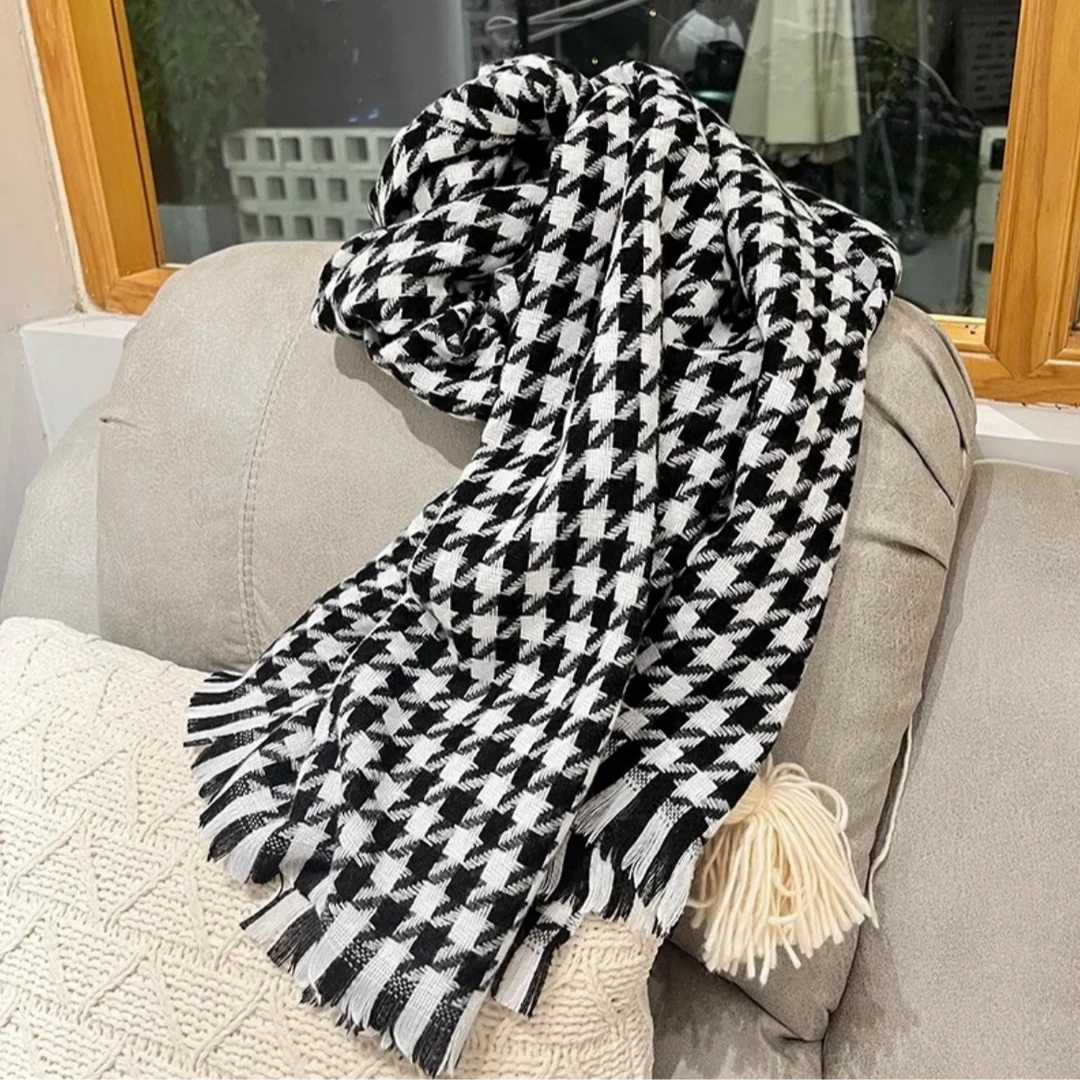 【诺诺氛围感穿搭】千鸟格围巾女冬季2024款韩版针织小香风保暖时尚