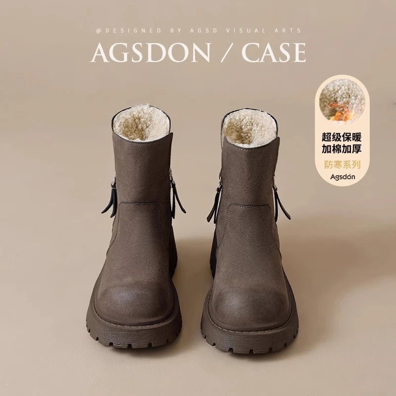 ~奥古狮登雪地靴女款2025冬新款加绒两穿时尚厚底复古百搭马丁靴W