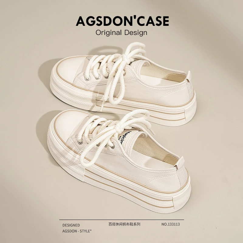 奥古狮登帆布鞋女2025新款秋季百搭小白鞋高级感休闲运动厚底板鞋
