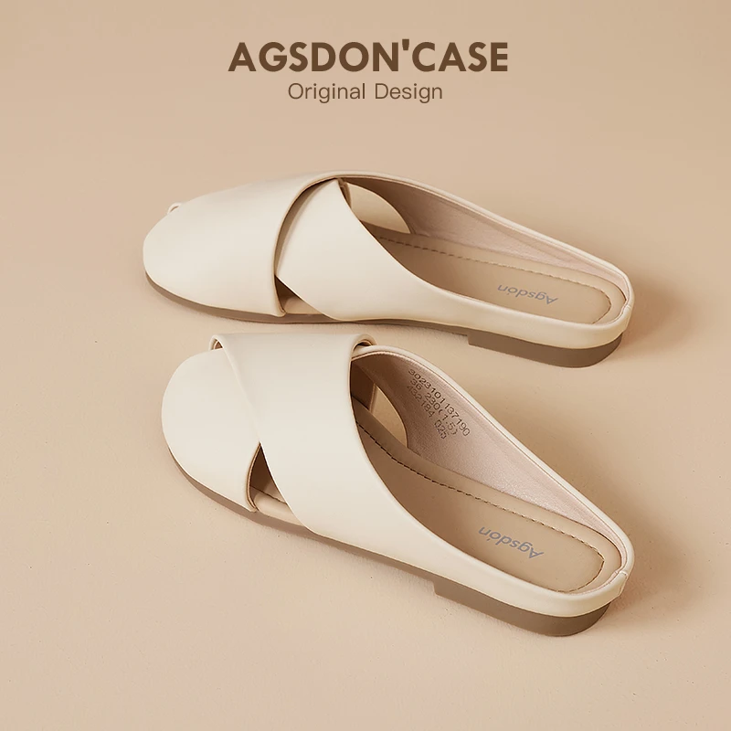 奥古狮登包头半拖鞋女秋季外穿2025新款鱼嘴鞋一脚蹬平底懒人凉鞋