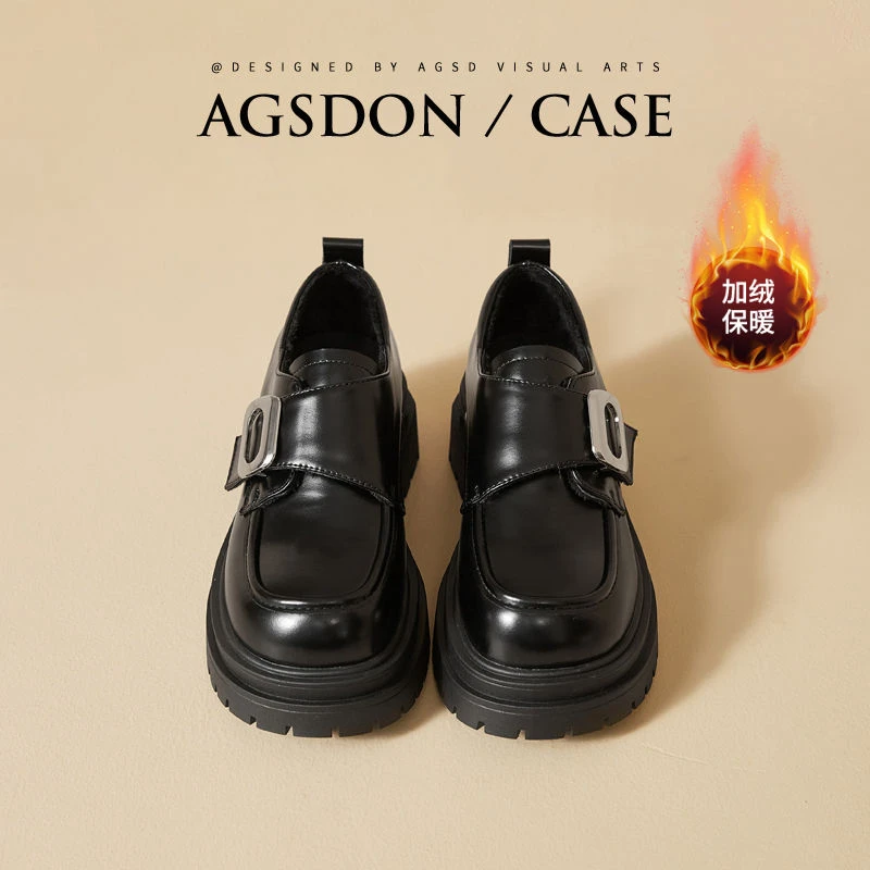 ~奥古狮登厚底加绒乐福鞋女2025新款冬学院风黑色小皮鞋百搭单鞋W