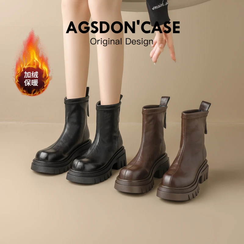 Y奥古狮登加绒短靴女2025新款秋冬季高跟小个子厚底切尔西马丁靴Y