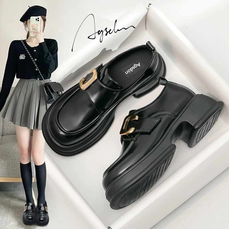 奥古狮登厚底乐福鞋女2025新款秋季粗跟厚底复古软底一脚蹬小皮鞋