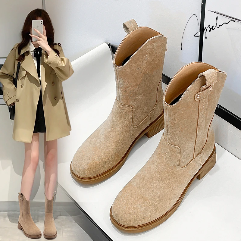 奥古狮登真皮西部牛仔靴女2023新款秋季厚底马丁靴复古英伦骑士靴