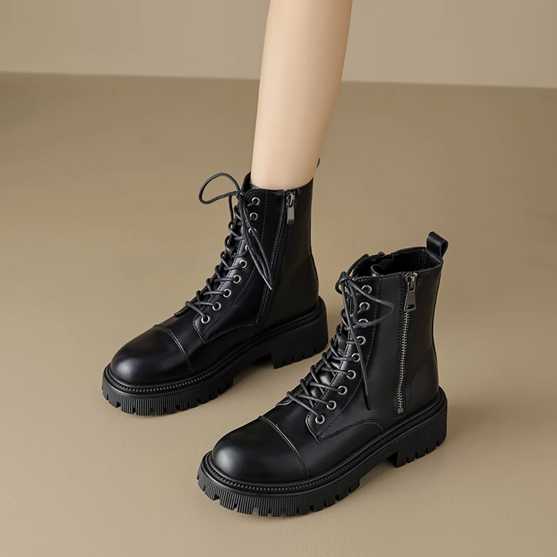 奥古狮登马丁靴女2025新款春秋复古英伦短靴厚底百搭时尚中筒靴