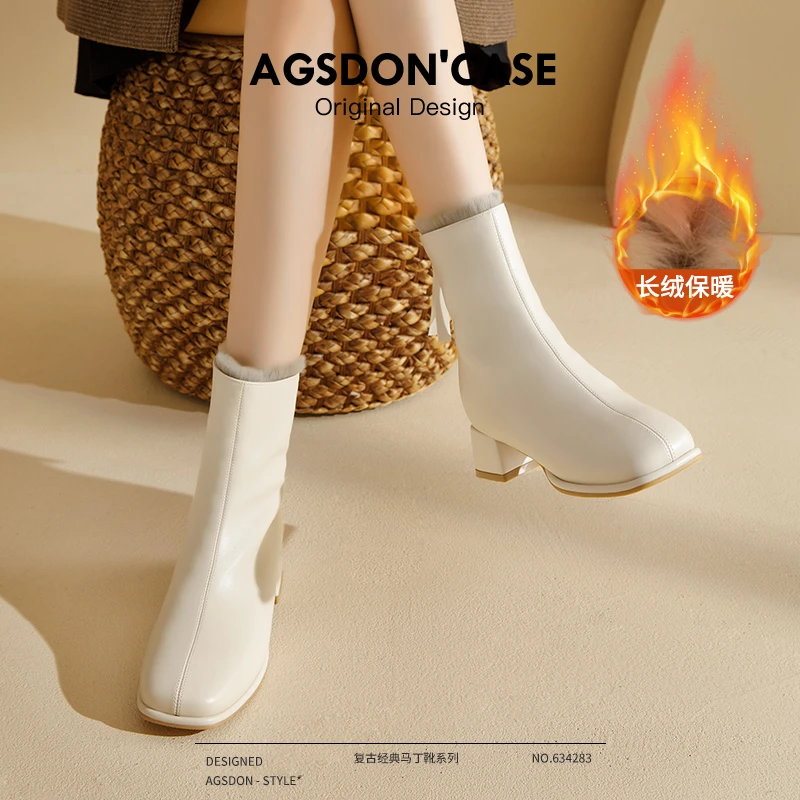 奥古狮登白色短靴女2024新款冬季加绒加厚雪地靴厚底粗跟切尔西靴