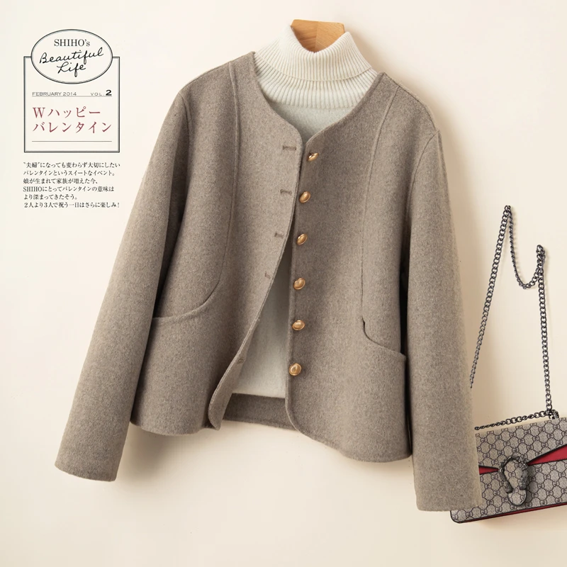 【断码清仓】双面呢大衣女短款圆领韩版时尚宽松百搭秋冬毛呢外套